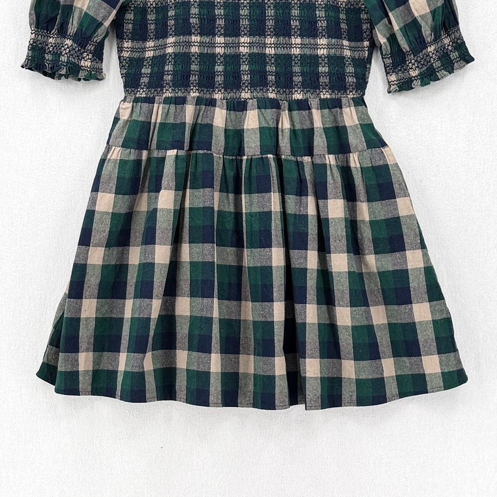 BOHME Emmett Plaid Mini Dress Women Medium Navy Green Smocked Puff Sleeve Tiered - Picture 8 of 16